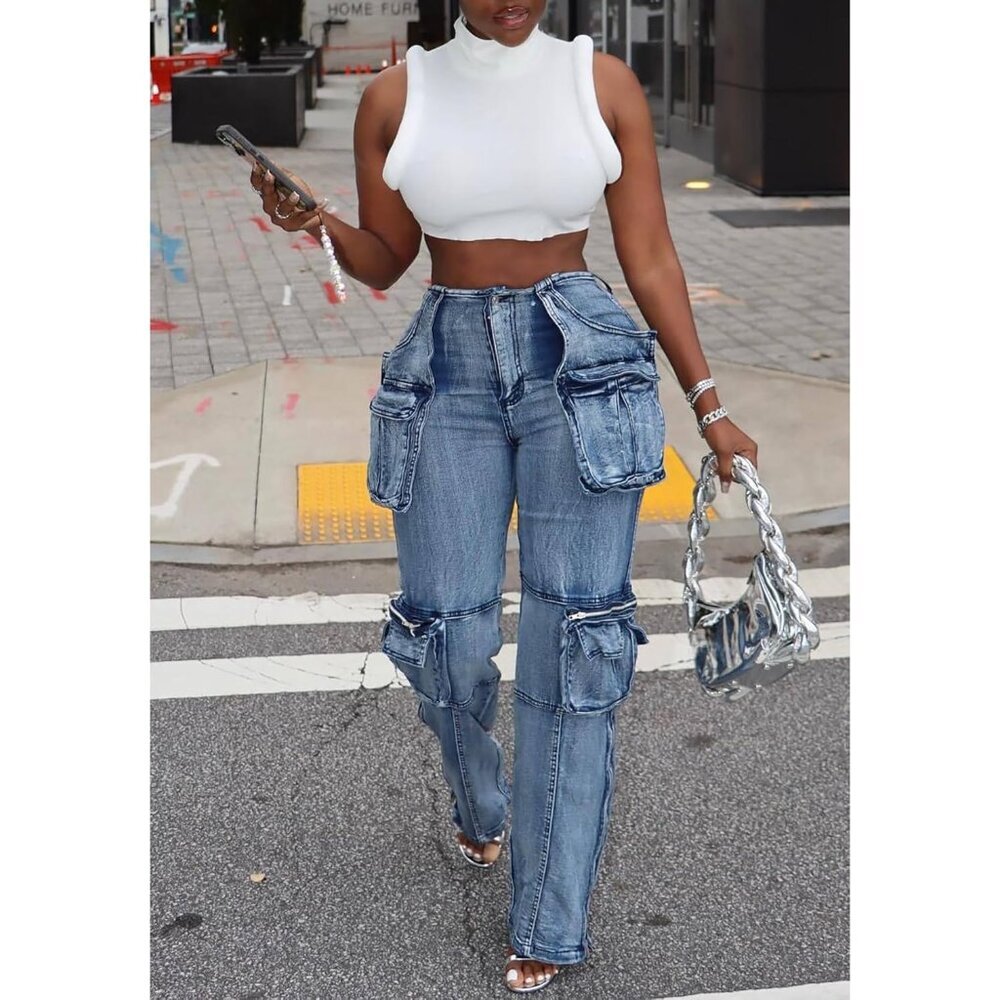 Women's Cargo Jeans High Waisted Straight Leg Denim Pants Zipper Pockets - Picture 2 of 5